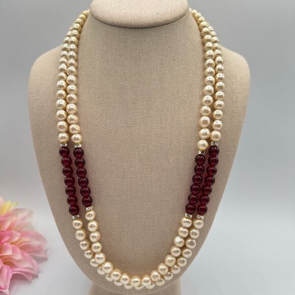 Vintage Faux Pearl Ivory Red Lucite Bead Double Strand Necklace Classic Romantic - Picture 2 of 14